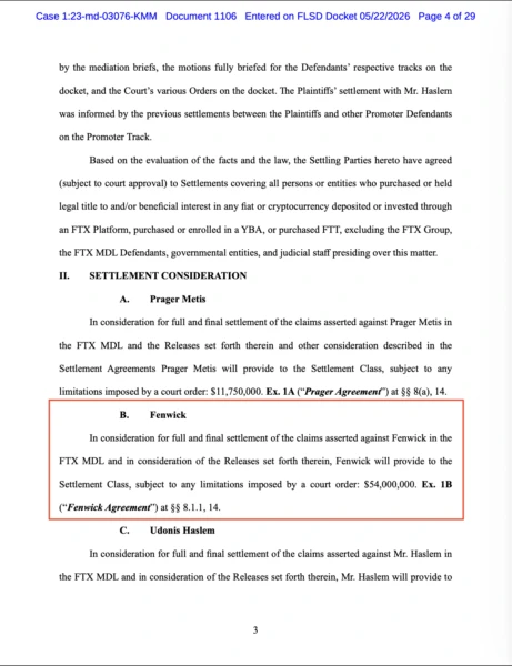 Excerpt from the court filing regarding the $54 million Fenwick & West settlement