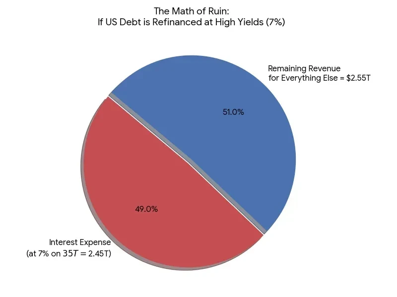 A forecast chart of what the annual US budget would look like if bond yields spike to 7%.
