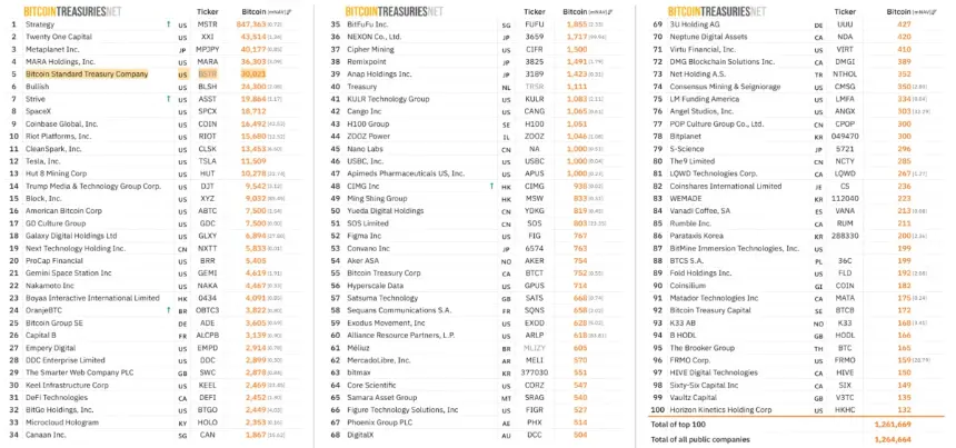 Top 100 Public Bitcoin Treasury Companies
